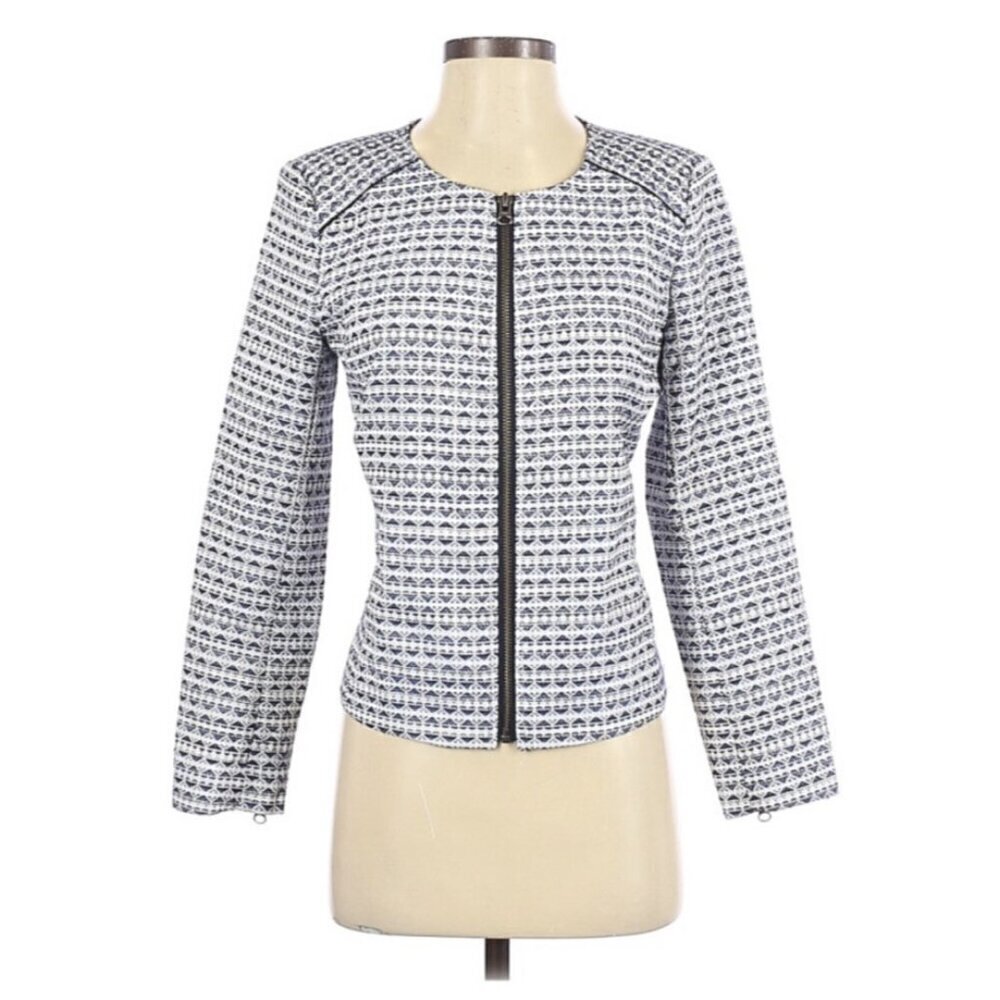 J. Crew Factory Woman's Sz S White w/ Blue Hearts Full Zip Cropped Blazer
